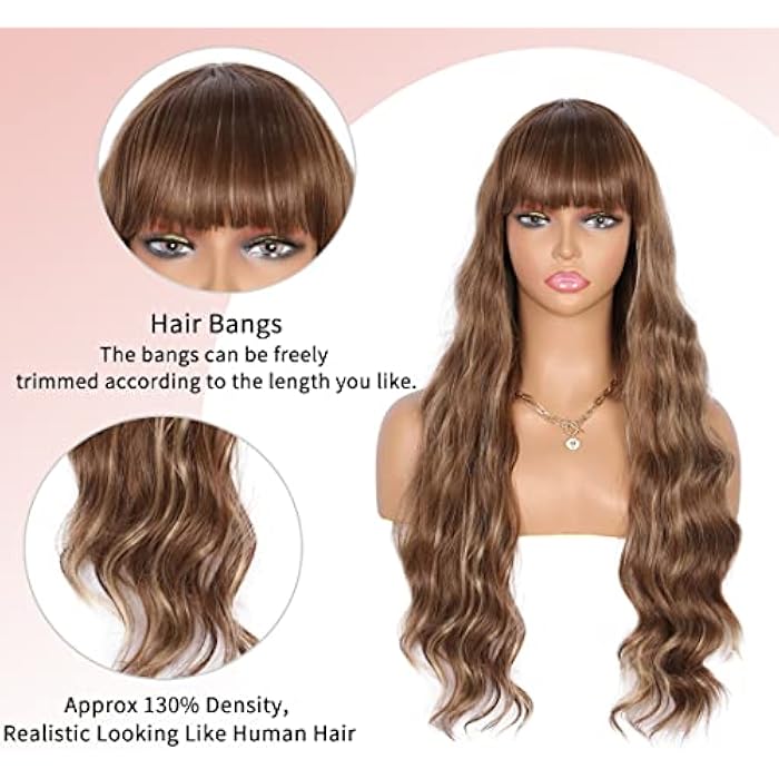 DILLARDS Kalyss 26 Inches Curly Wavy Synthetic Brown Blonde Highlights Wigs With Hair Bangs Heat Resistant Synthetic Wigs For Women Natural Looking Women's Costume Cosplay Or Daily Wear Hairpiece - Image 3